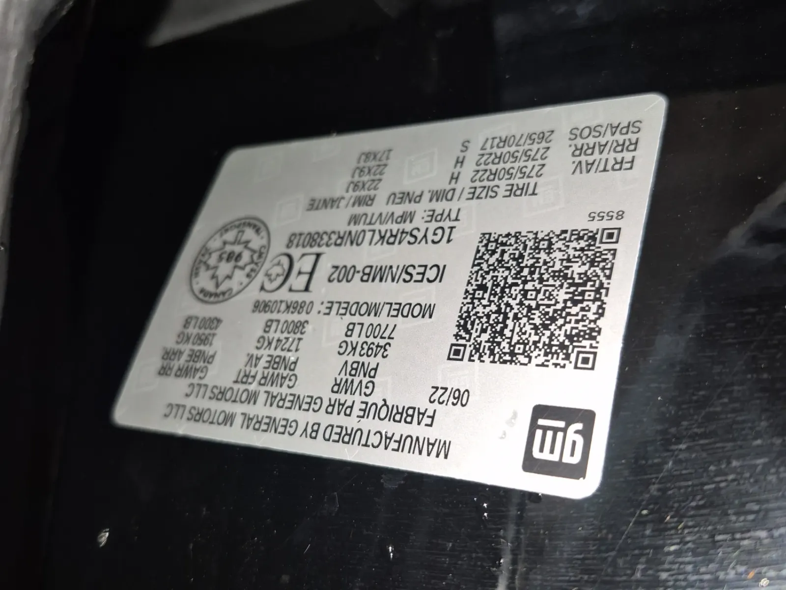 VIN Sticker Photo