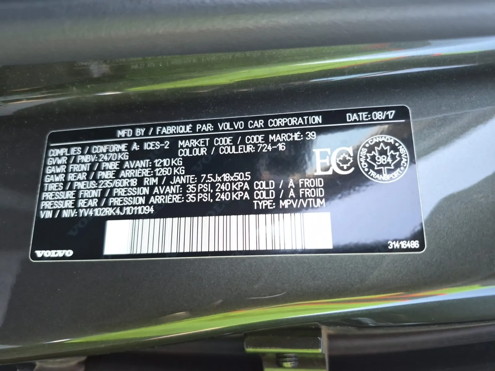 VIN Sticker Photo