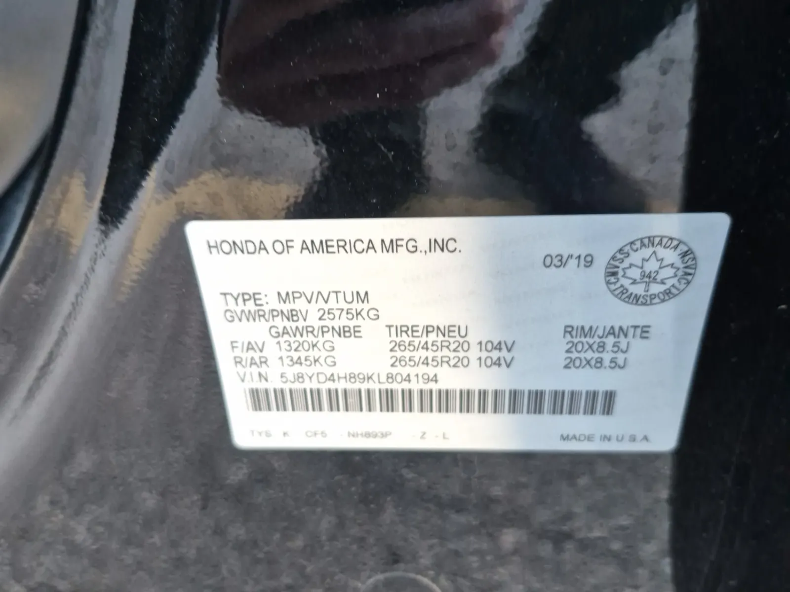 VIN Sticker Photo