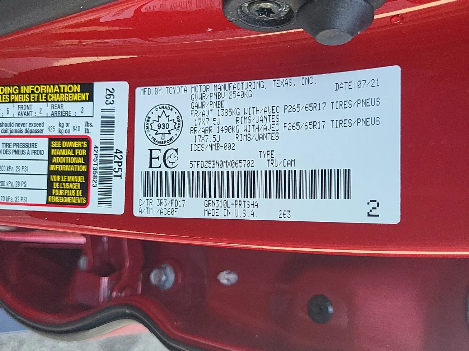 VIN Sticker Photo