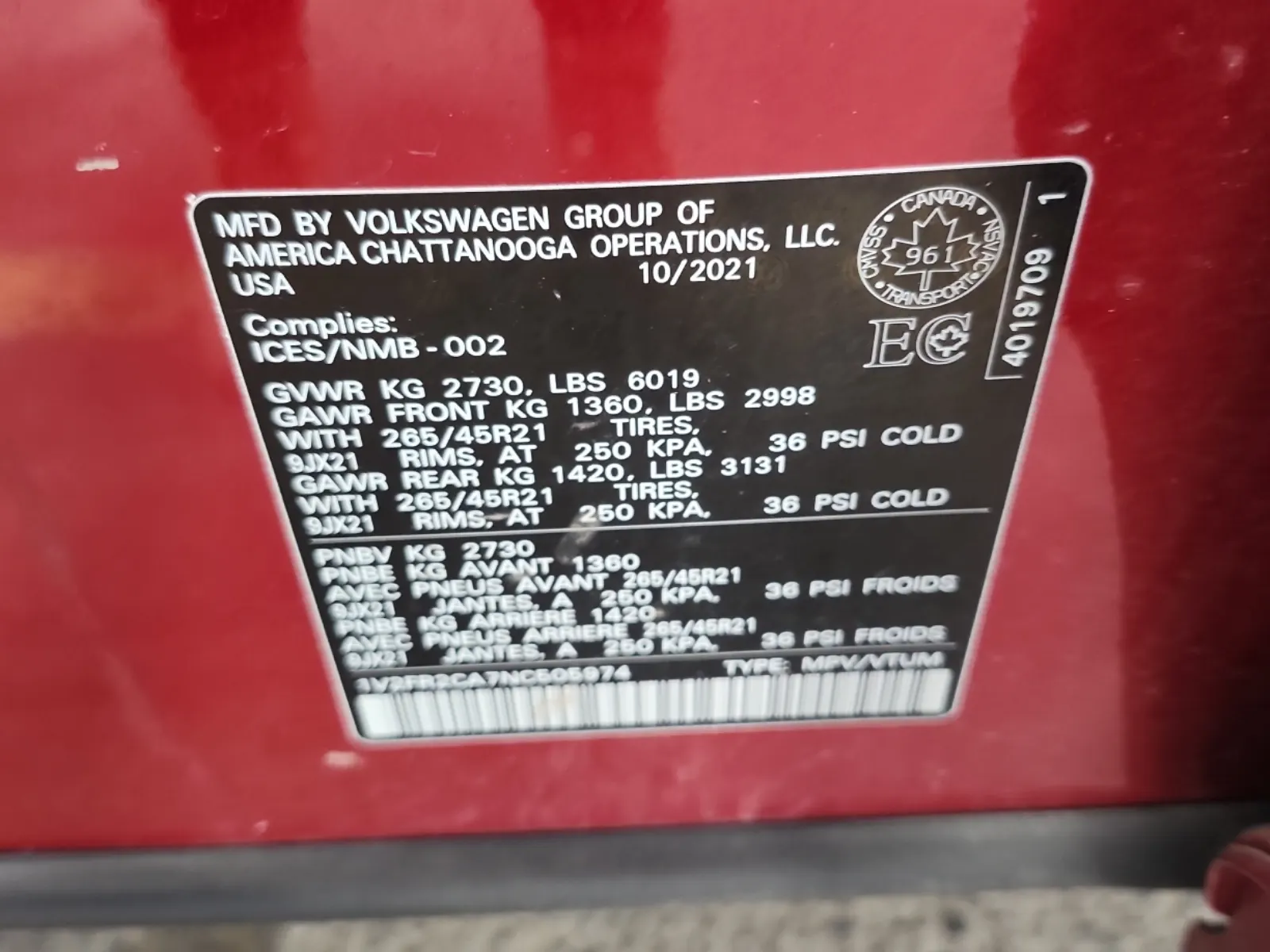 VIN Sticker Photo