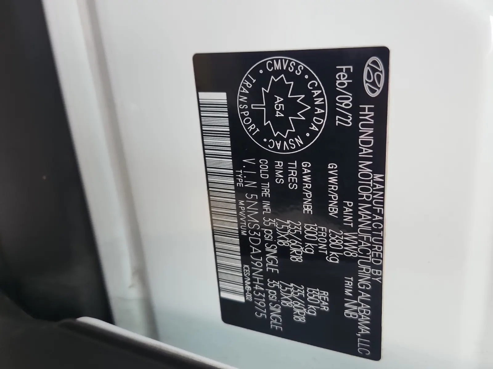 VIN Sticker Photo