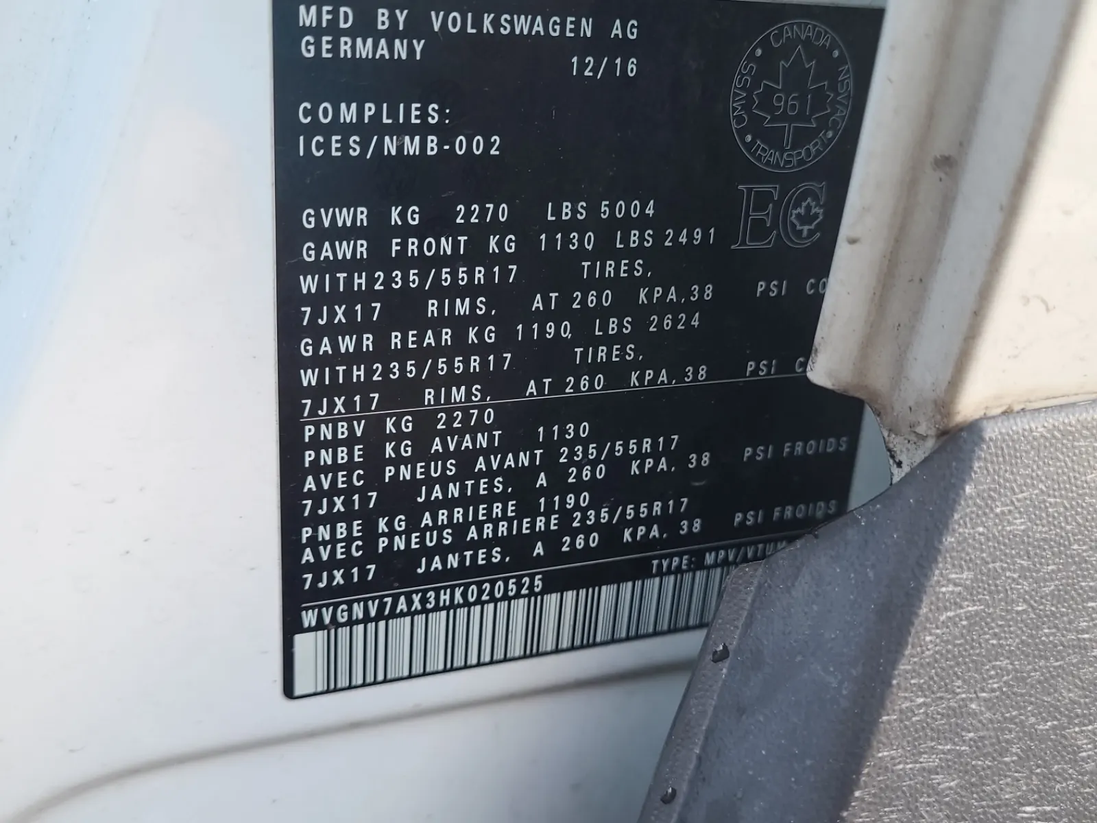 VIN Sticker Photo
